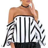 Striped Casual Off the Shoulder Short Sleeve Crop Top