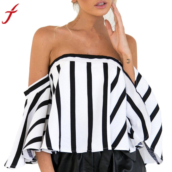 Striped Casual Off the Shoulder Short Sleeve Crop Top